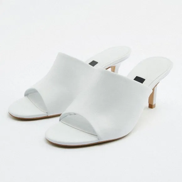 NEW Zara White 100% Genuine Soft Leather Slip On Sandals Heeled Mules Size 10