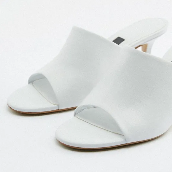 NEW Zara White 100% Genuine Soft Leather Slip On Sandals Heeled Mules Size 10