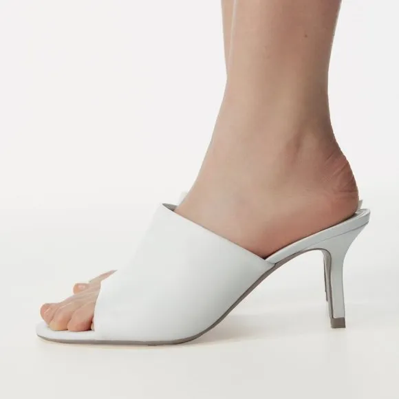 NEW Zara White 100% Genuine Soft Leather Slip On Sandals Heeled Mules Size 10