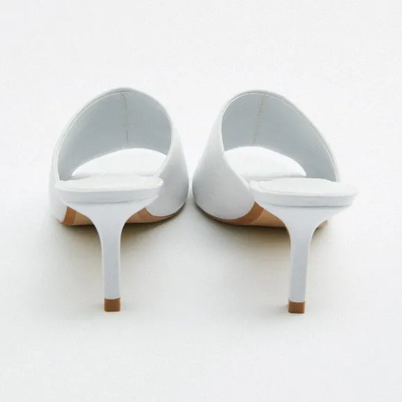 NEW Zara White 100% Genuine Soft Leather Slip On Sandals Heeled Mules Size 10