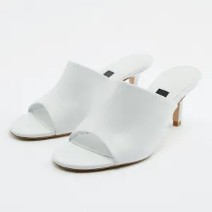 NEW Zara White 100% Genuine Soft Leather Slip On Sandals Heeled Mules Size 10