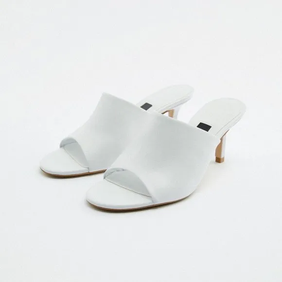 NEW Zara White 100% Genuine Soft Leather Slip On Sandals Heeled Mules Size 10