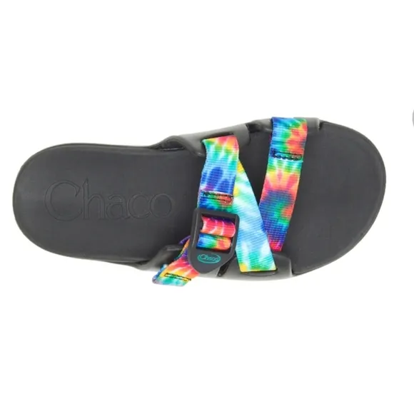 NIB Chaco Chillos Slide Sandal In Black Rainbow Tie Dye Kids Size 2