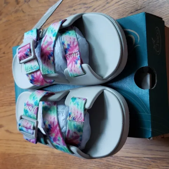 NIB Chaco Chillos Slide Sandal In White Multicolor Tie Dye Kids Size 2