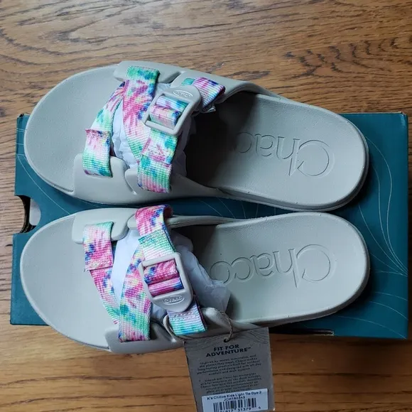 NIB Chaco Chillos Slide Sandal In White Multicolor Tie Dye Kids Size 2