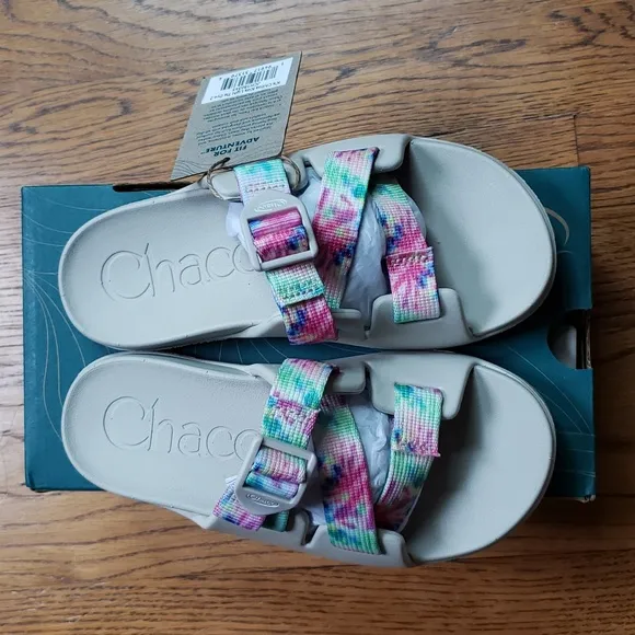 NIB Chaco Chillos Slide Sandal In White Multicolor Tie Dye Kids Size 2