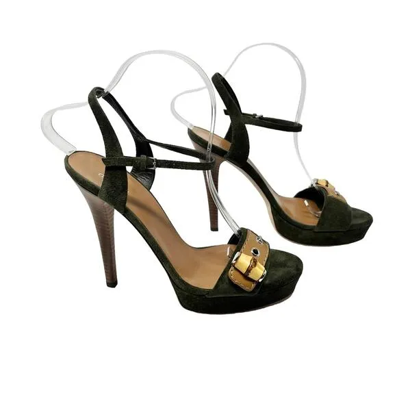 NIB Gucci Suede Military Green Bamboo Strap Heeled Sandals Size 38.5