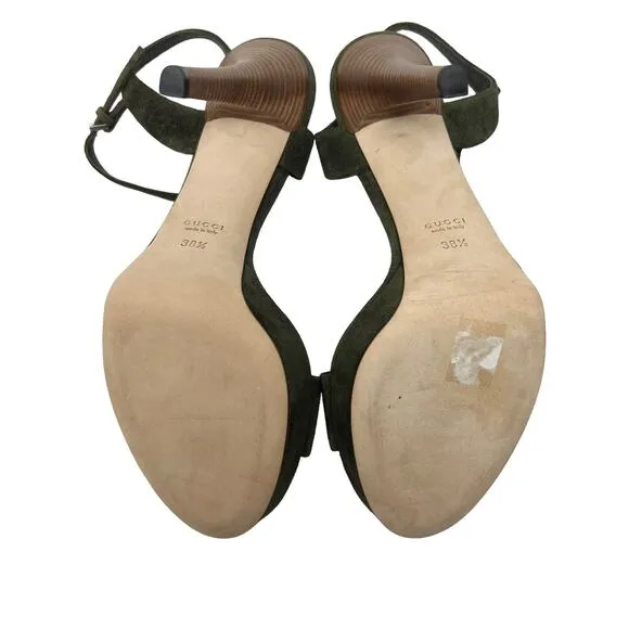 NIB Gucci Suede Military Green Bamboo Strap Heeled Sandals Size 38.5