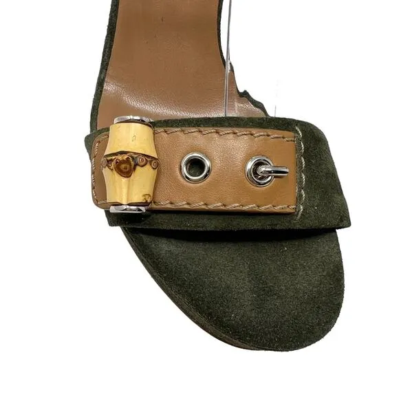 NIB Gucci Suede Military Green Bamboo Strap Heeled Sandals Size 38.5