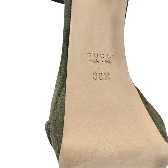 NIB Gucci Suede Military Green Bamboo Strap Heeled Sandals Size 38.5