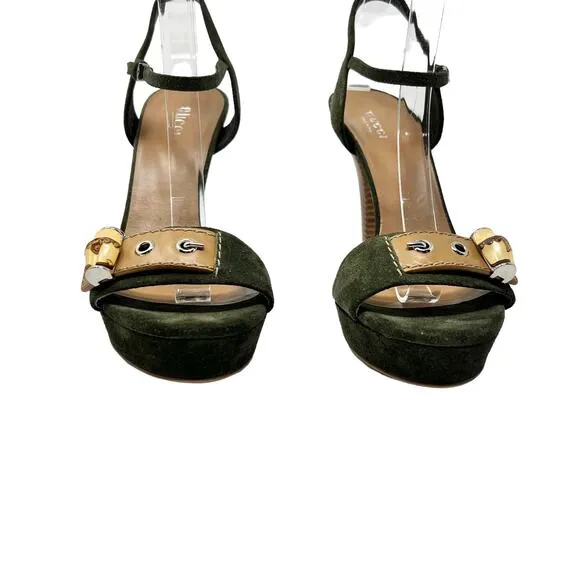 NIB Gucci Suede Military Green Bamboo Strap Heeled Sandals Size 38.5