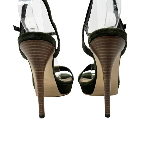 NIB Gucci Suede Military Green Bamboo Strap Heeled Sandals Size 38.5