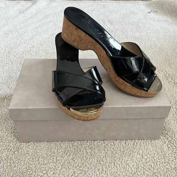 NIB JIMMY CHOO Patent Prima Cork Wedge Sandals
