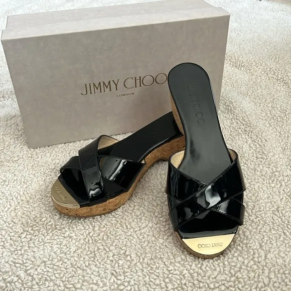 NIB JIMMY CHOO Patent Prima Cork Wedge Sandals