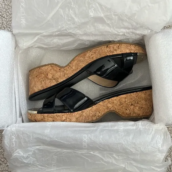 NIB JIMMY CHOO Patent Prima Cork Wedge Sandals