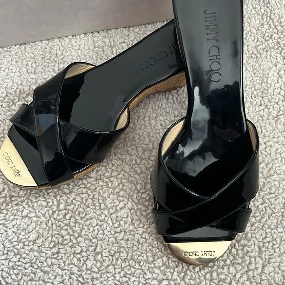 NIB JIMMY CHOO Patent Prima Cork Wedge Sandals