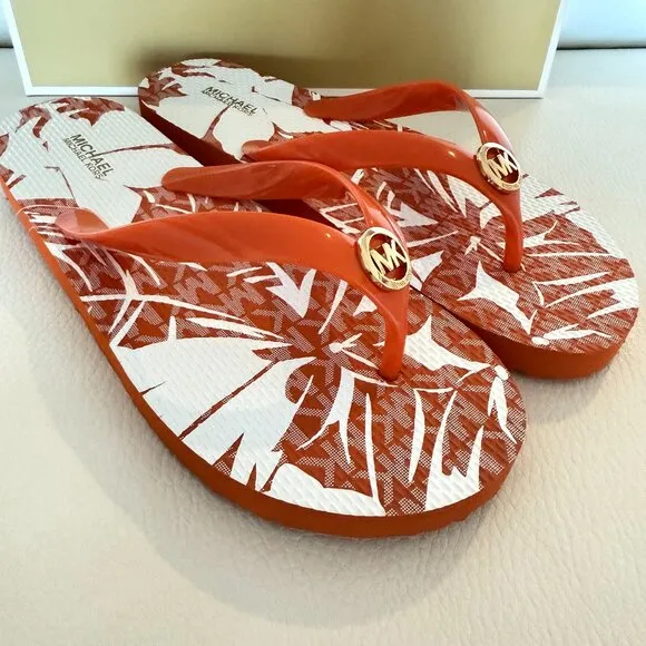 NIB MICHAEL KORS MK FLIP FLOPS SANDALS PALM TREE PRINT ORANGE POUNCH 8