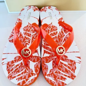 NIB MICHAEL KORS MK FLIP FLOPS SANDALS PALM TREE PRINT ORANGE POUNCH 8