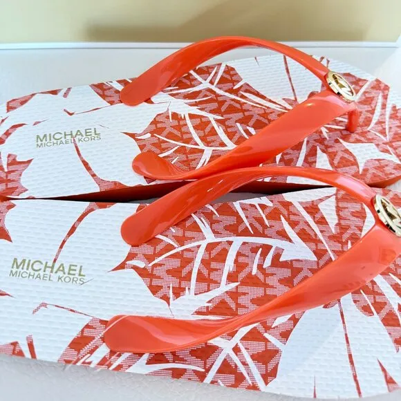 NIB MICHAEL KORS MK FLIP FLOPS SANDALS PALM TREE PRINT ORANGE POUNCH 8