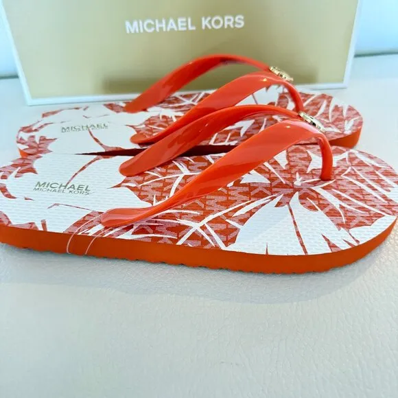 NIB MICHAEL KORS MK FLIP FLOPS SANDALS PALM TREE PRINT ORANGE POUNCH 8