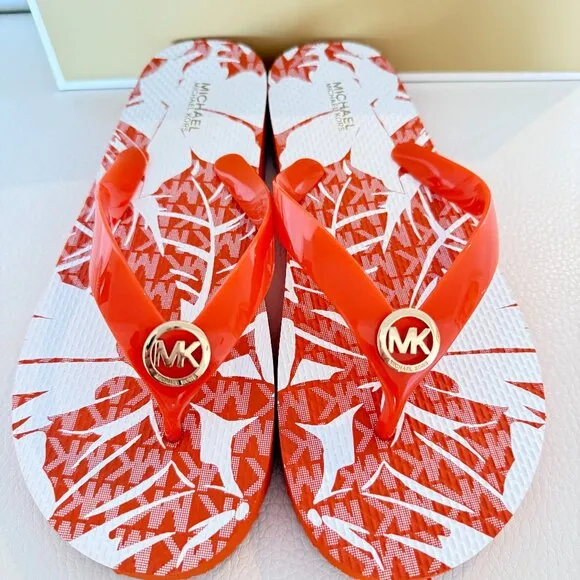 NIB MICHAEL KORS MK FLIP FLOPS SANDALS PALM TREE PRINT ORANGE POUNCH 8