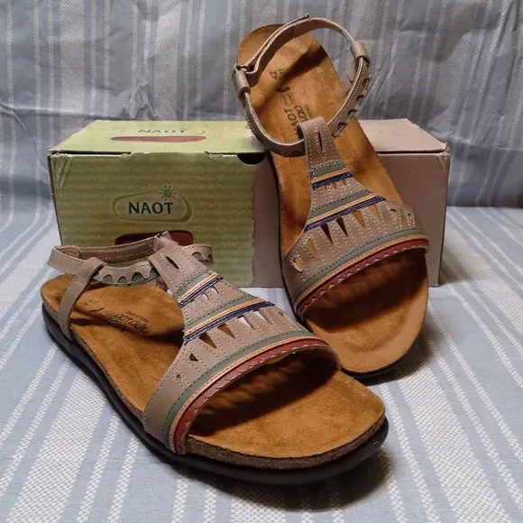 NIB NAOT Leather Ankle Strap Sandals Odelia Khaki Footbed Sz 11M Made In Israel