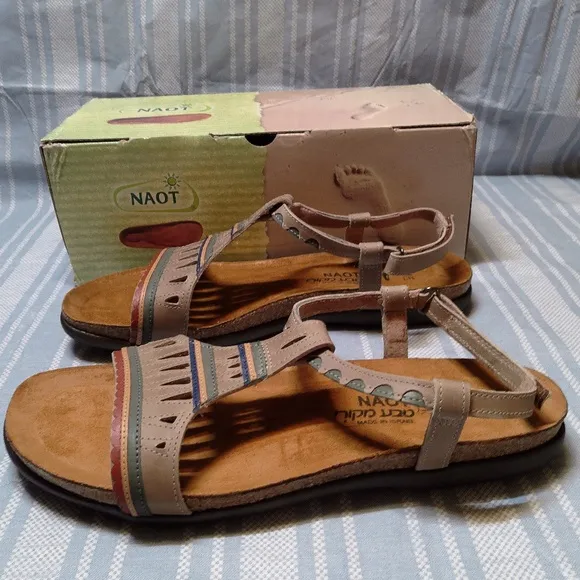 NIB NAOT Leather Ankle Strap Sandals Odelia Khaki Footbed Sz 11M Made In Israel