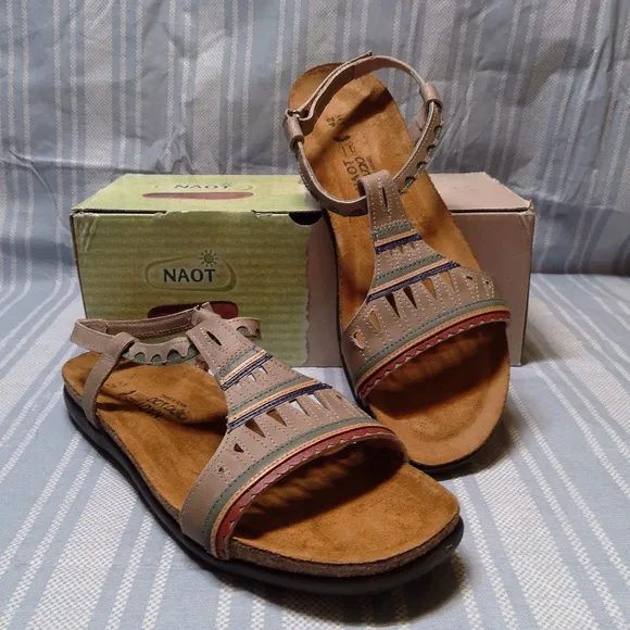 NIB NAOT Leather Ankle Strap Sandals Odelia Khaki Footbed Sz 11M Made In Israel
