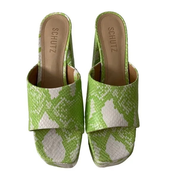 NIB Schutz Darah Wild Snake Genuine Leather Platform Slip-On Sandals Lime 7.5