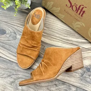 NIB Sofft Strathmore 8.5M Italian Suede Wedge Ruched Open Toe Slide Sandals