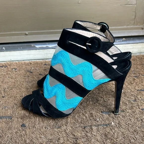Nicholas Kirkwood Black and Turquoise Mesh Heels High Heel Peep Toe Sandals 40