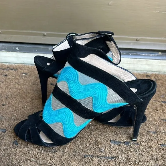 Nicholas Kirkwood Black and Turquoise Mesh Heels High Heel Peep Toe Sandals 40
