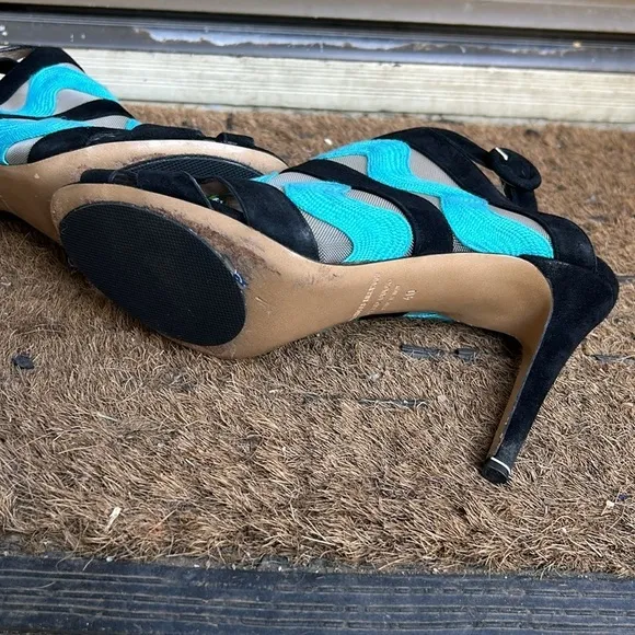 Nicholas Kirkwood Black and Turquoise Mesh Heels High Heel Peep Toe Sandals 40