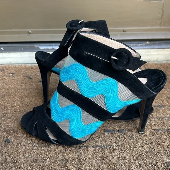 Nicholas Kirkwood Black and Turquoise Mesh Heels High Heel Peep Toe Sandals 40