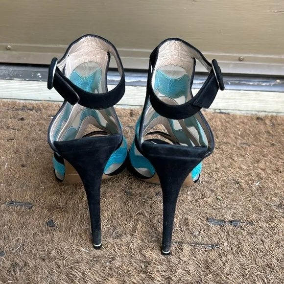 Nicholas Kirkwood Black and Turquoise Mesh Heels High Heel Peep Toe Sandals 40