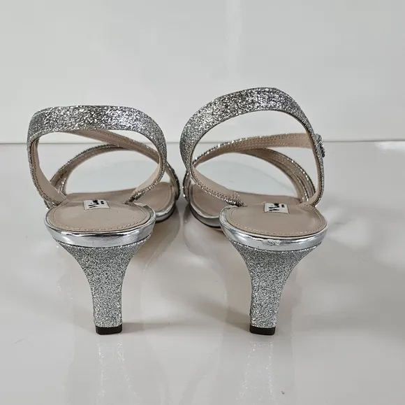 NINA Metallic Silver Slingback Heels  Crisscross Straps &amp; Rhinestone Size 9.5