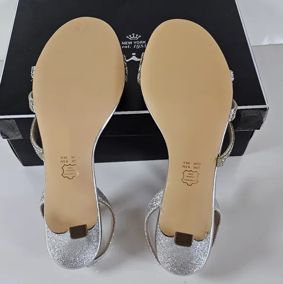 NINA Metallic Silver Slingback Heels  Crisscross Straps &amp; Rhinestone Size 9.5