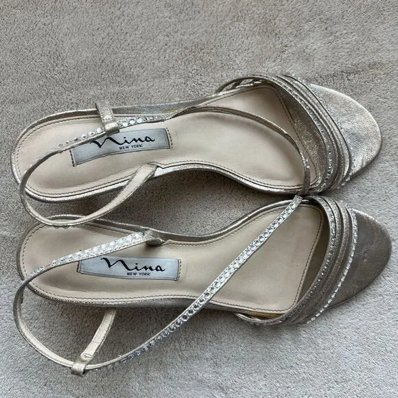 Nina Sandal Gerri Metallic Taupe Slingback Heeled Sandals Women 7.5 Rhinestones