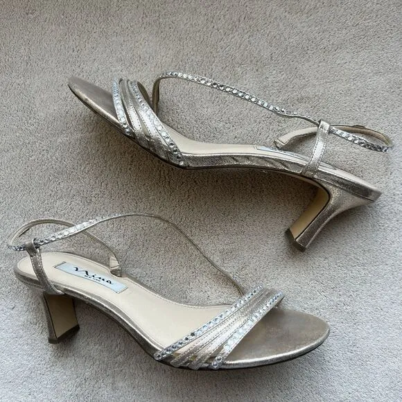 Nina Sandal Gerri Metallic Taupe Slingback Heeled Sandals Women 7.5 Rhinestones