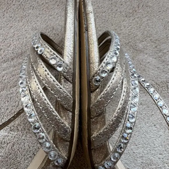 Nina Sandal Gerri Metallic Taupe Slingback Heeled Sandals Women 7.5 Rhinestones