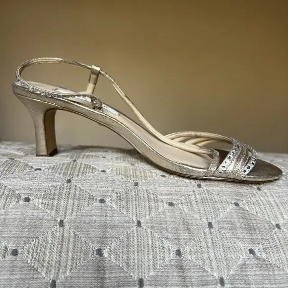 Nina Sandal Gerri Metallic Taupe Slingback Heeled Sandals Women 7.5 Rhinestones