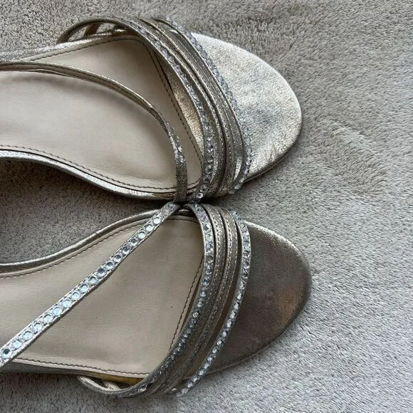Nina Sandal Gerri Metallic Taupe Slingback Heeled Sandals Women 7.5 Rhinestones