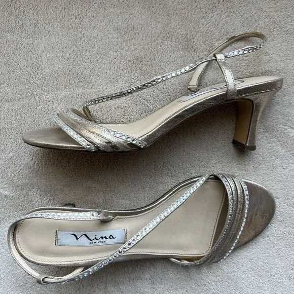 Nina Sandal Gerri Metallic Taupe Slingback Heeled Sandals Women 7.5 Rhinestones