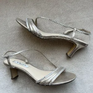 Nina Sandal Gerri Metallic Taupe Slingback Heeled Sandals Women 7.5 Rhinestones