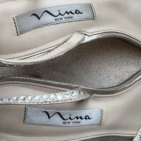 Nina Sandal Gerri Metallic Taupe Slingback Heeled Sandals Women 7.5 Rhinestones