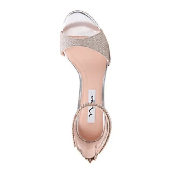 Nina Silver Champagne Glitter Rhinestone Ankle strap Formal open toe Heels sz 7