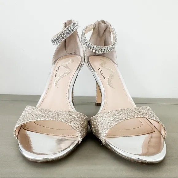 Nina Silver Champagne Glitter Rhinestone Ankle strap Formal open toe Heels sz 7