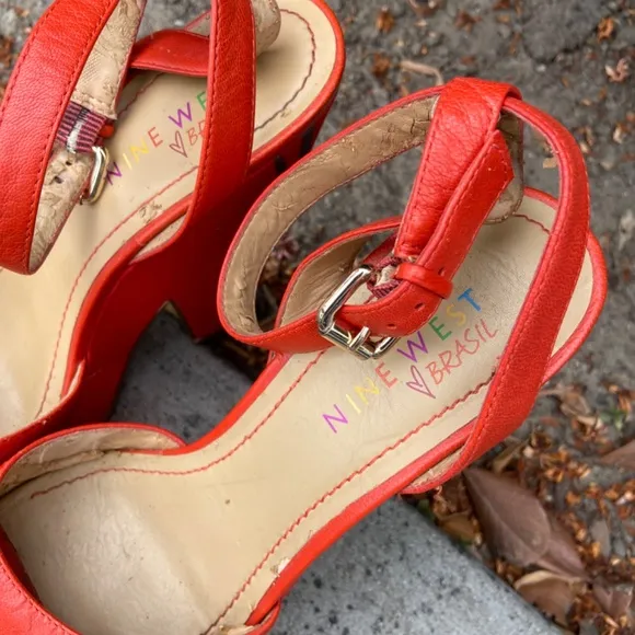 NINE WEST BRAZIL ORANGE LEATHER HEELS PLATFORM SANDALS HEELS SZ 7 POPPY FLORAL