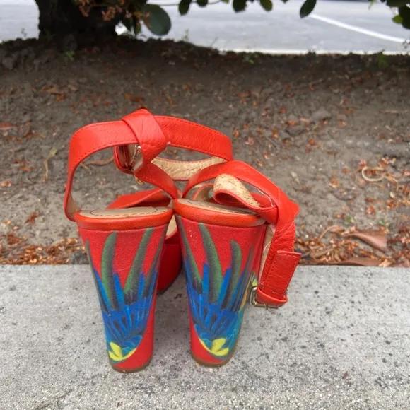NINE WEST BRAZIL ORANGE LEATHER HEELS PLATFORM SANDALS HEELS SZ 7 POPPY FLORAL