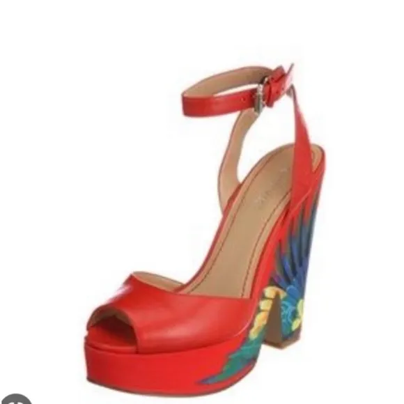 NINE WEST BRAZIL ORANGE LEATHER HEELS PLATFORM SANDALS HEELS SZ 7 POPPY FLORAL